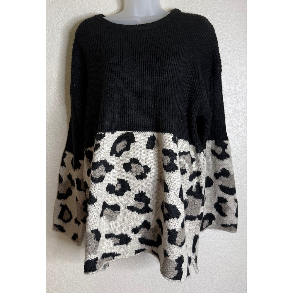 Davi & Dani Women 2XL Sweater Black Leopard Print Wool Blend Colorblock Knit NEW